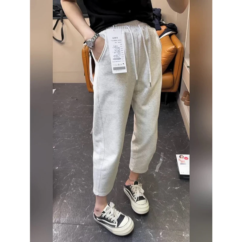 韩版灰色松紧腰休闲卫裤女2025秋季新款显瘦百搭小个子八分哈伦裤