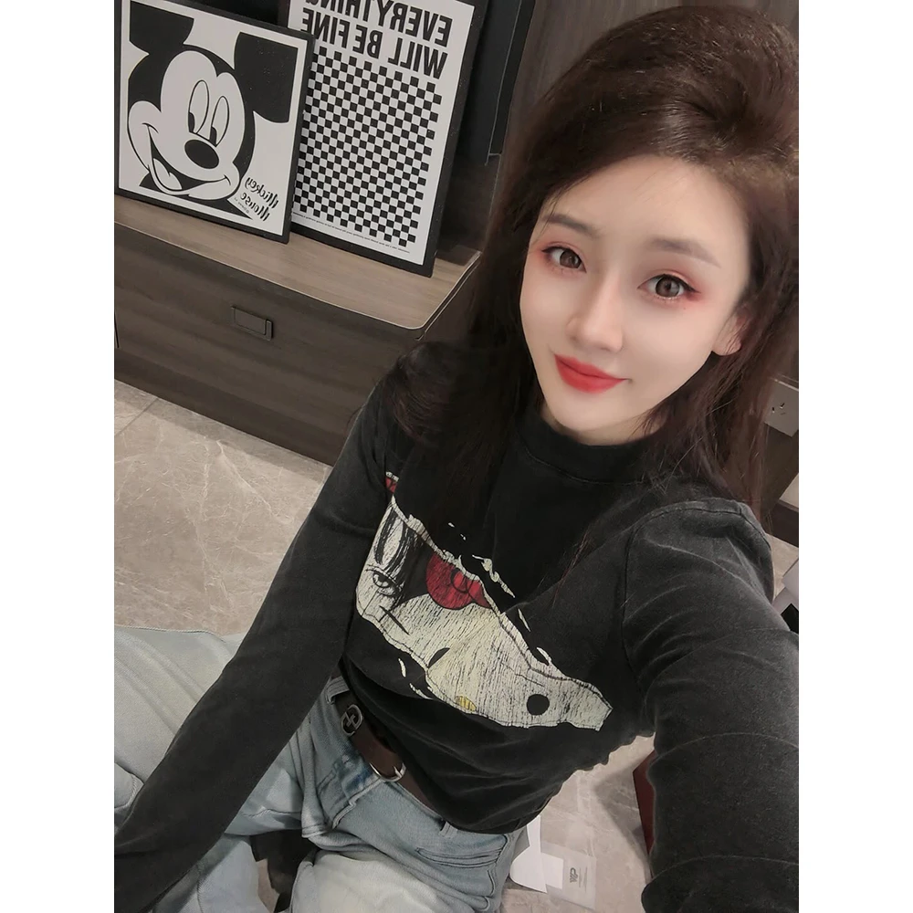 韩系复古做旧卡通印花长袖T恤女2024秋冬小众设计感打底衫上衣ins