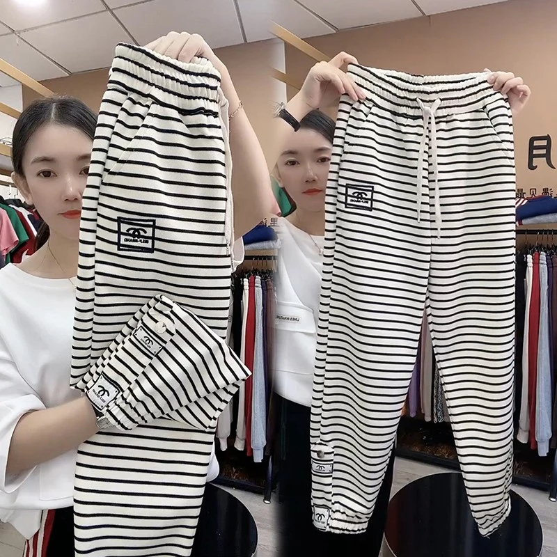 欧洲站2025秋季新款小香风条纹运动卫裤女休闲宽松加绒束脚哈伦裤