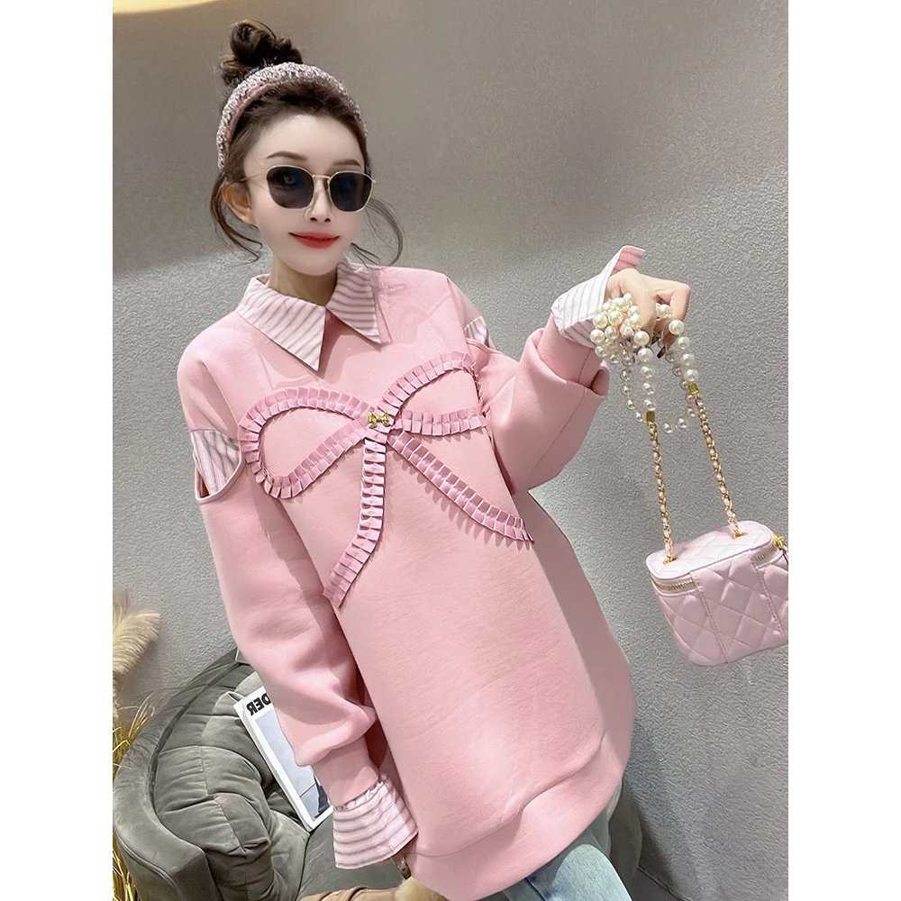 韩系精致漂亮慵懒风POLO领卫衣女2024秋冬新款时尚洋气假两件上衣