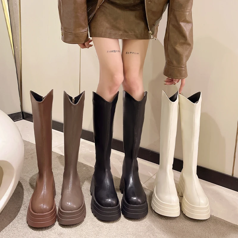 不过膝长靴女2023秋季新款后拉链粗跟圆头厚底高筒靴女长筒骑士靴