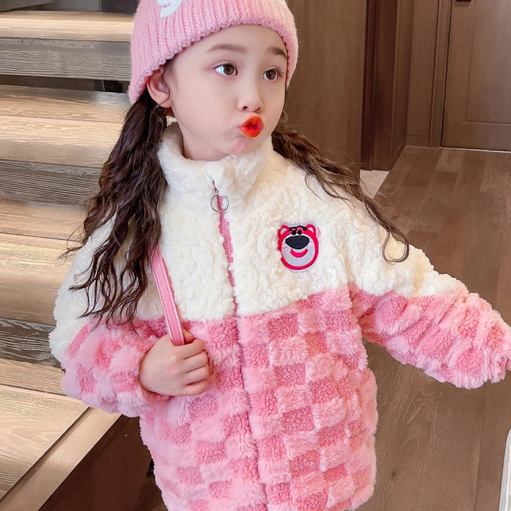 女小童冬季加绒保暖格子毛毛衣洋气2025冬装女宝宝卡通草莓熊外套