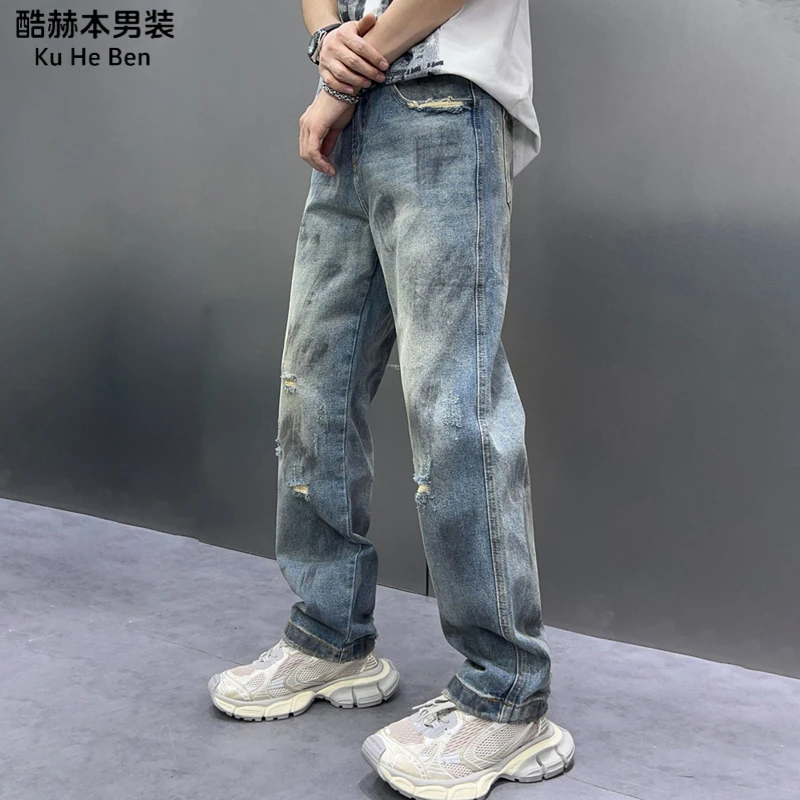 设计感扎染百搭休闲水洗时尚牛仔长裤高街男牛仔裤子印花破洞做旧
