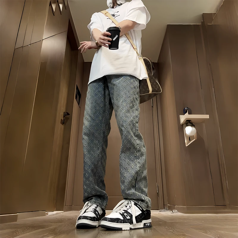 高端欧美范男士秋季潮流牛仔裤提花潮牌宽松直筒美式休闲爆款裤子