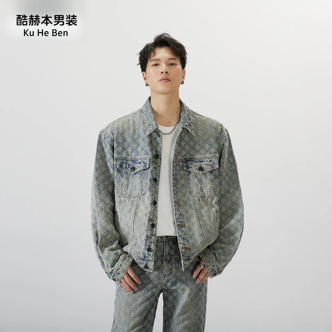 美式潮牌时尚印花新款复古牛仔外套男女宽松小众设计提花夹克上衣