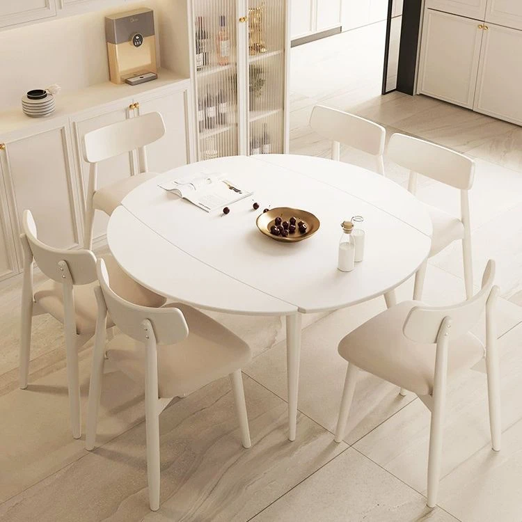 岩板餐桌可伸缩折叠小户型家用奶油风简约多功能桌子两用可变圆桌