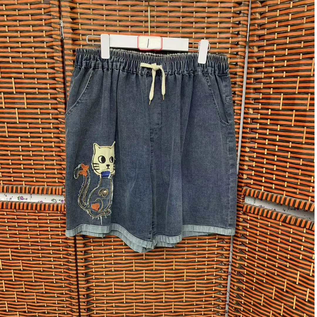 妈妈时尚休闲松紧腰加大加肥5分薄牛仔短裤夏季复古水洗