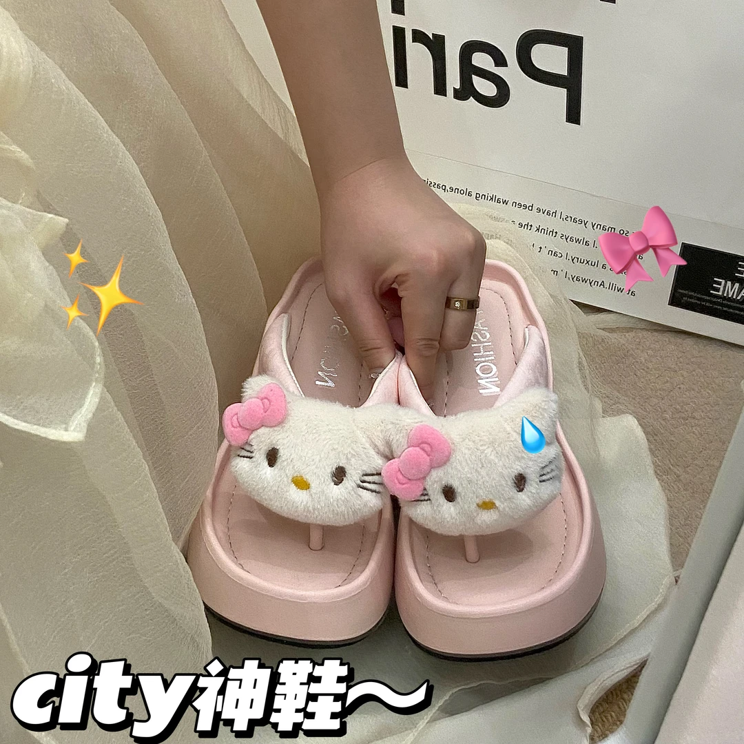 粉色少女心kitty高跟凉鞋女外穿可爱休闲百搭人字拖厚底增高防滑