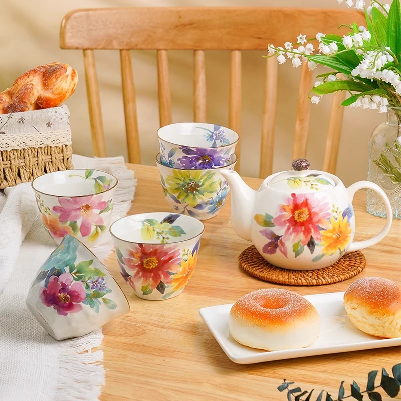 美浓烧日本进口手绘陶瓷茶壶茶杯带滤网侧把下午茶具套装茶具套装