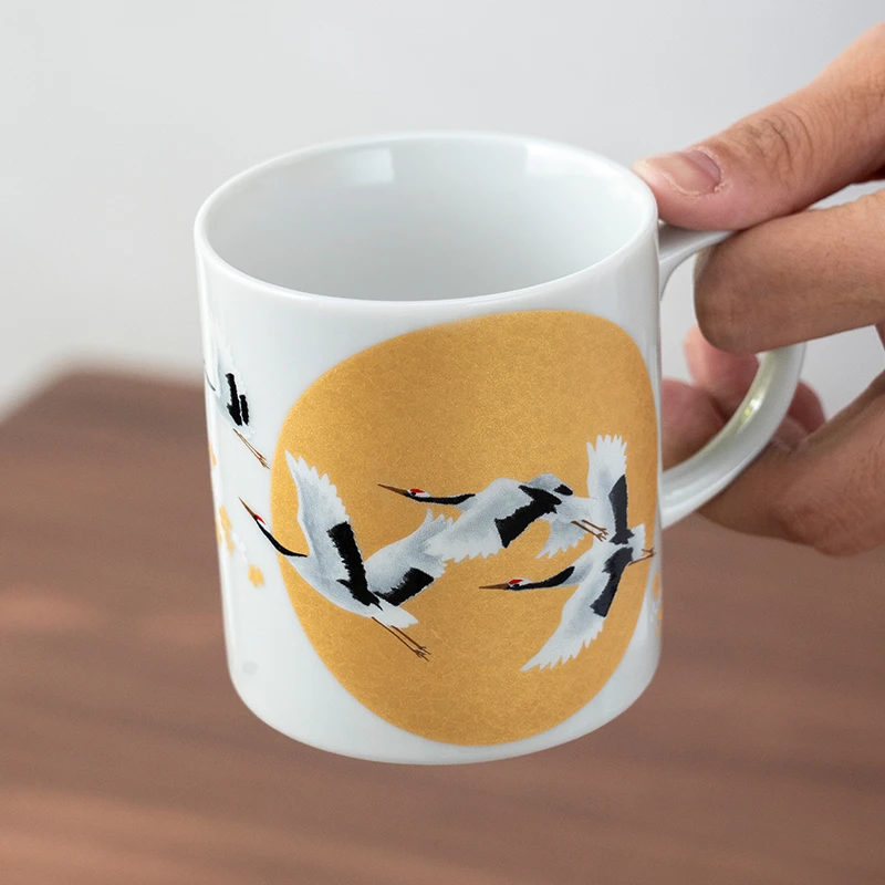 美浓烧日本进口陶瓷马克杯家用日式复古群鹤吉祥杯子高颜值喝水杯