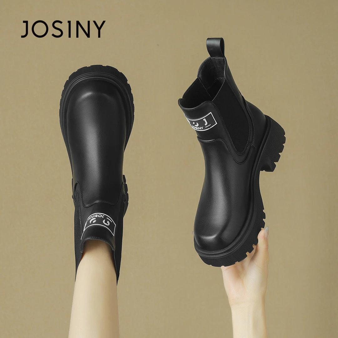 卓诗尼百搭黑色粗跟马丁靴女秋季新款胖mm显瘦时尚英伦风切尔西靴