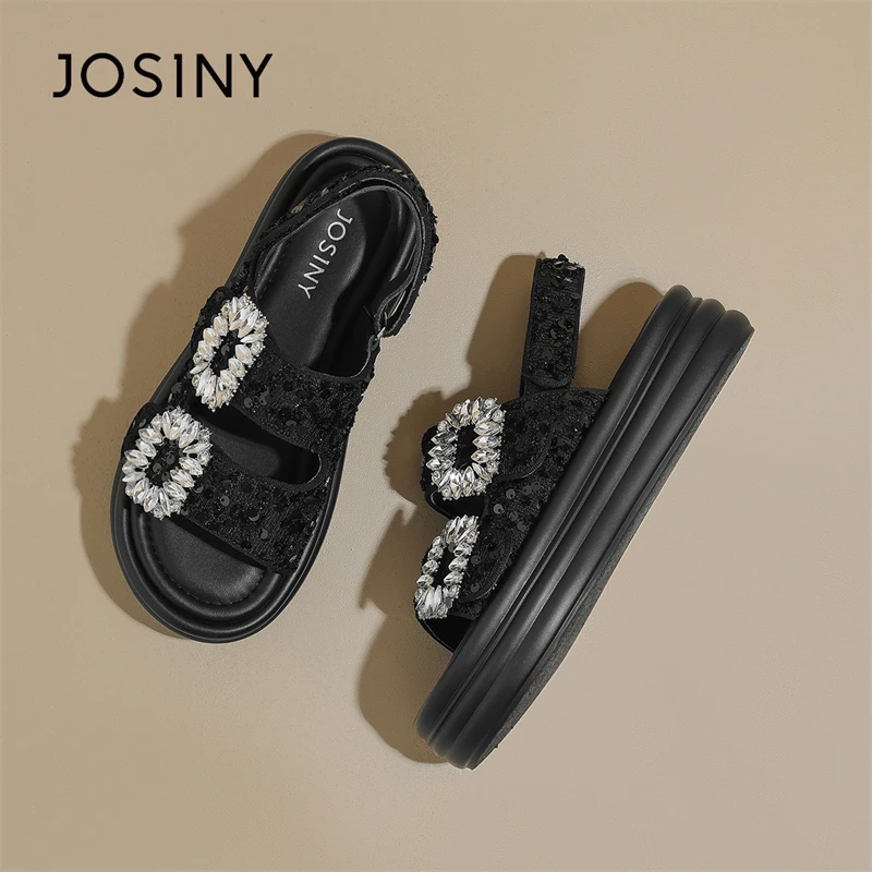 卓诗尼凉鞋女2025夏季新款亮片钻扣小香风魔术贴厚底防滑露趾女鞋