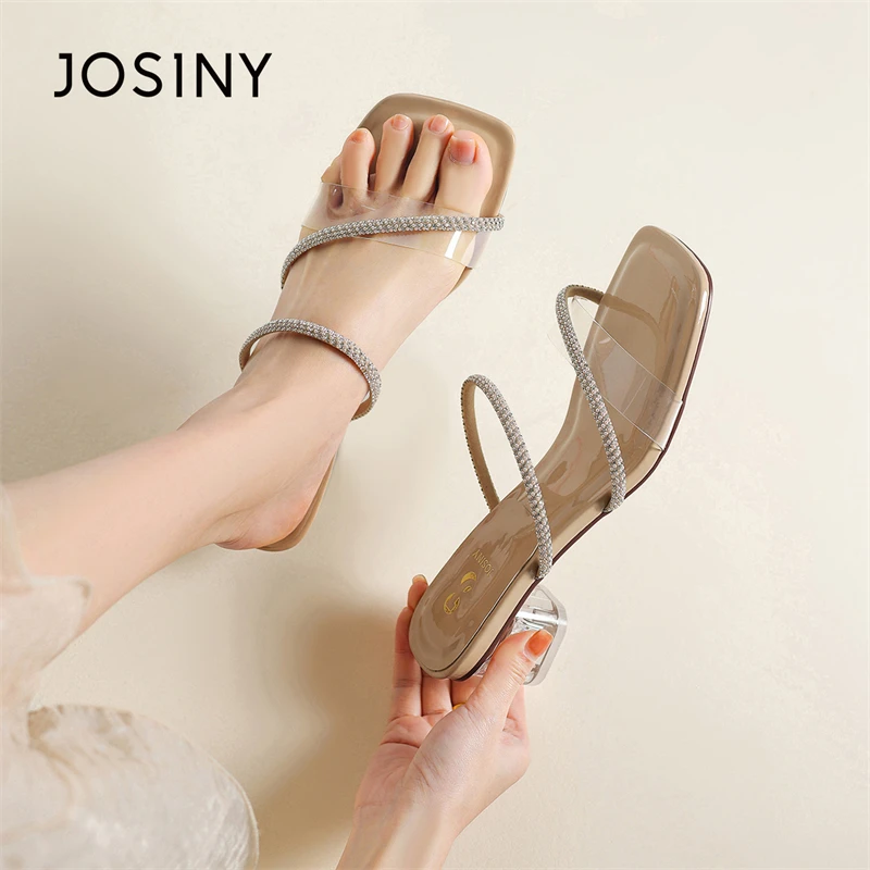 卓诗尼高跟凉拖女外穿2025夏季新款水晶粗跟仙女风一字带网红拖鞋