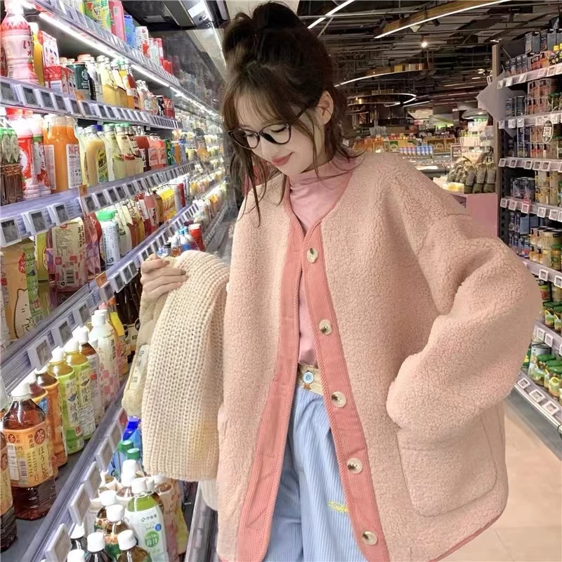 2025秋冬新款韩版宽松百搭一体加绒加厚保暖颗粒绒毛毛外套女X102