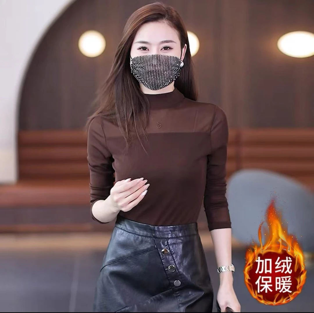 2025T恤新款网纱打底半高领时尚韩版修身气质洋气加绒长袖上衣