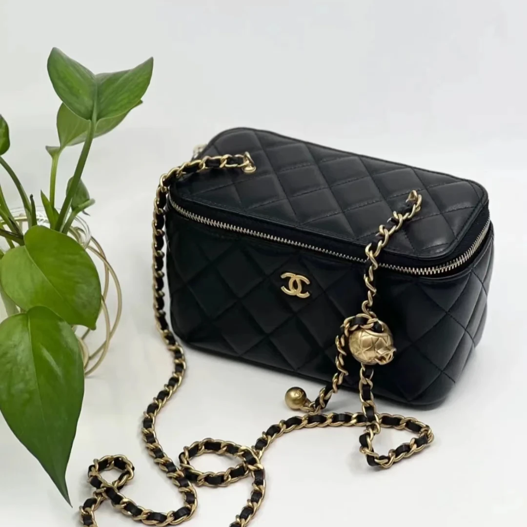 95新 Chanel/香奈儿 青奢荟/黑金色金球盒子链条包/74298