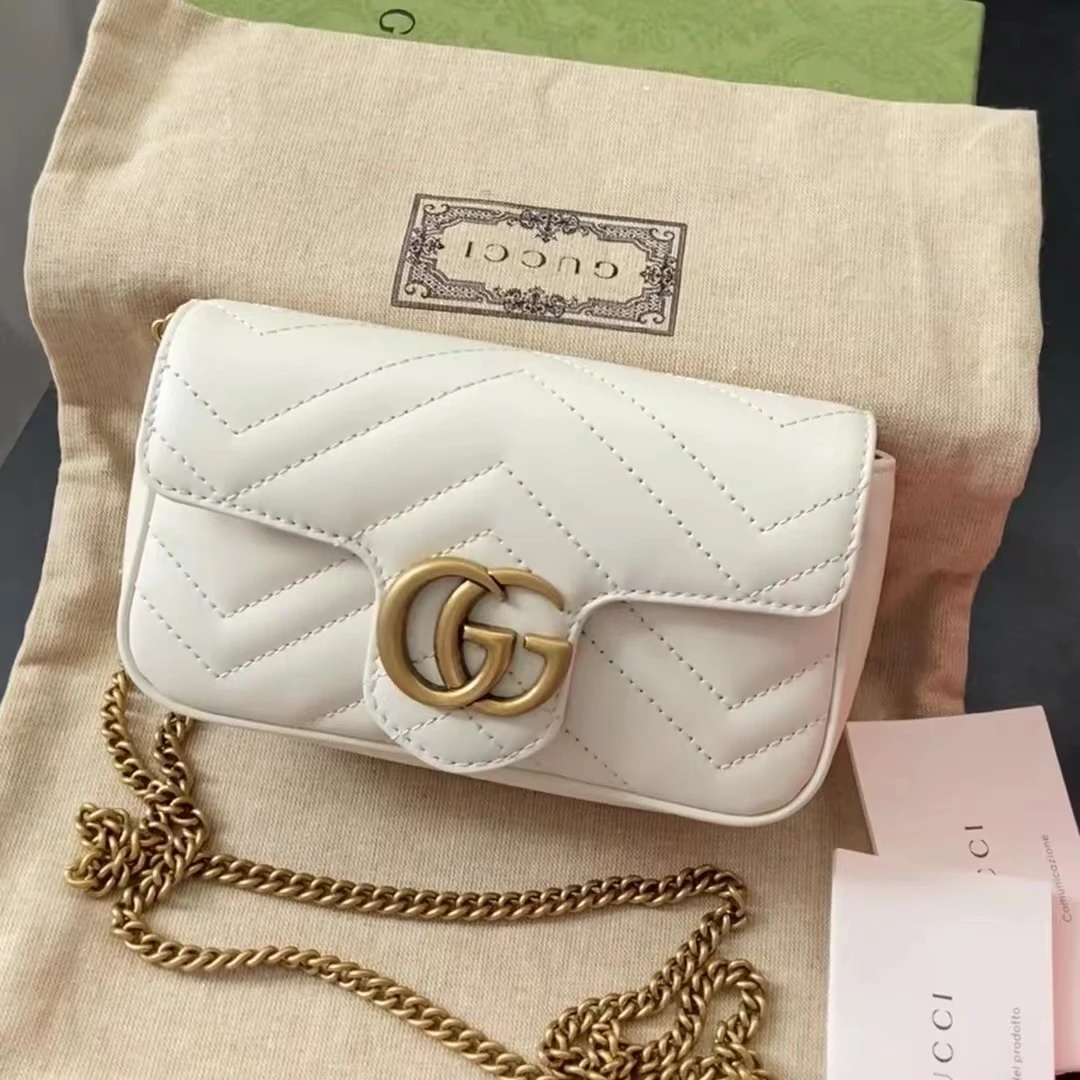 全新未使用 GUCCI/古驰 青奢荟/经典白色马蒙迷你链条斜挎包//