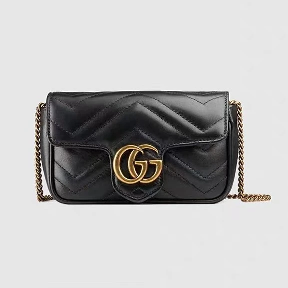 95新 GUCCI/古驰 青奢荟/黑金mini马蒙链条包/时尚款/黑色//61509