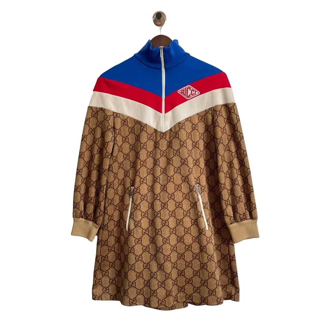 99新 GUCCI/古驰 青奢荟/xs码/棕色拼色刺绣拉链长袖连衣裙/49458