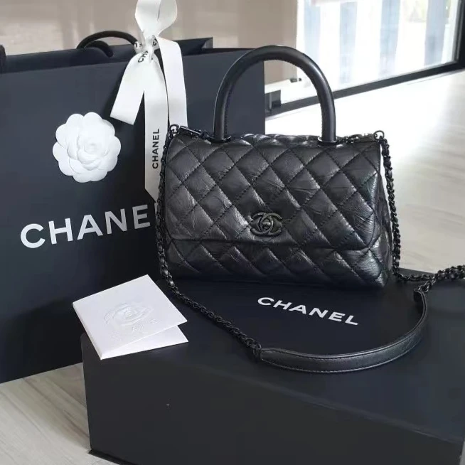 95新 Chanel/香奈儿 青奢荟/黑柄黑扣憨豆小号链条包/45307