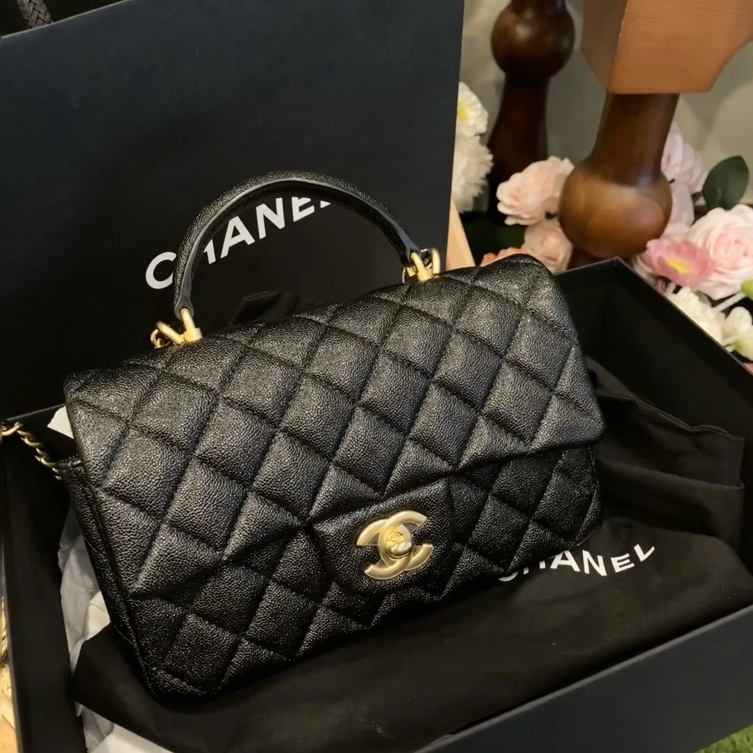 95新 Chanel/香奈儿 青奢荟/黑金手柄大迷你链条斜跨包//52483