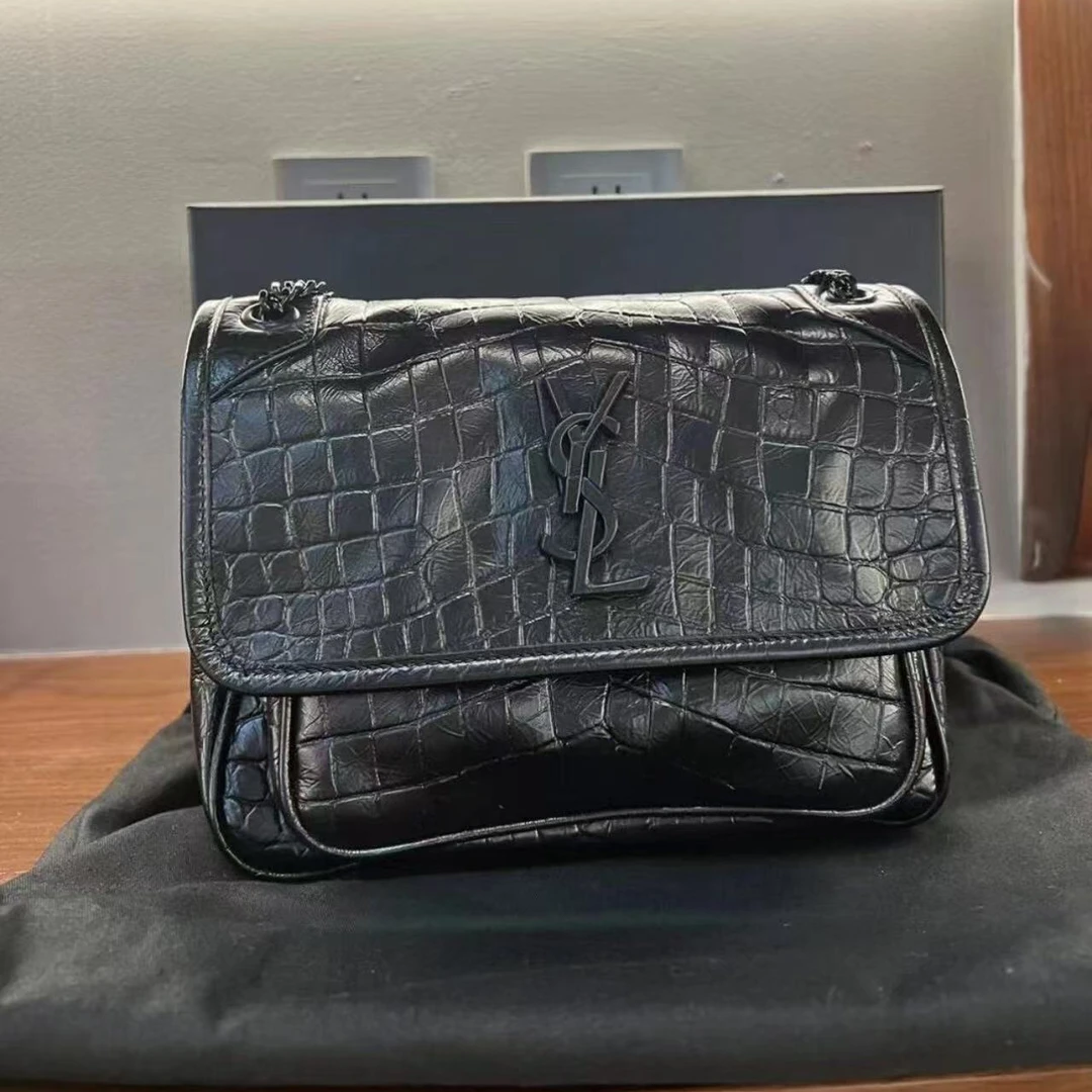 95新 YSL/圣罗兰 青奢荟/时尚niki中号斜挎包黑链/56271