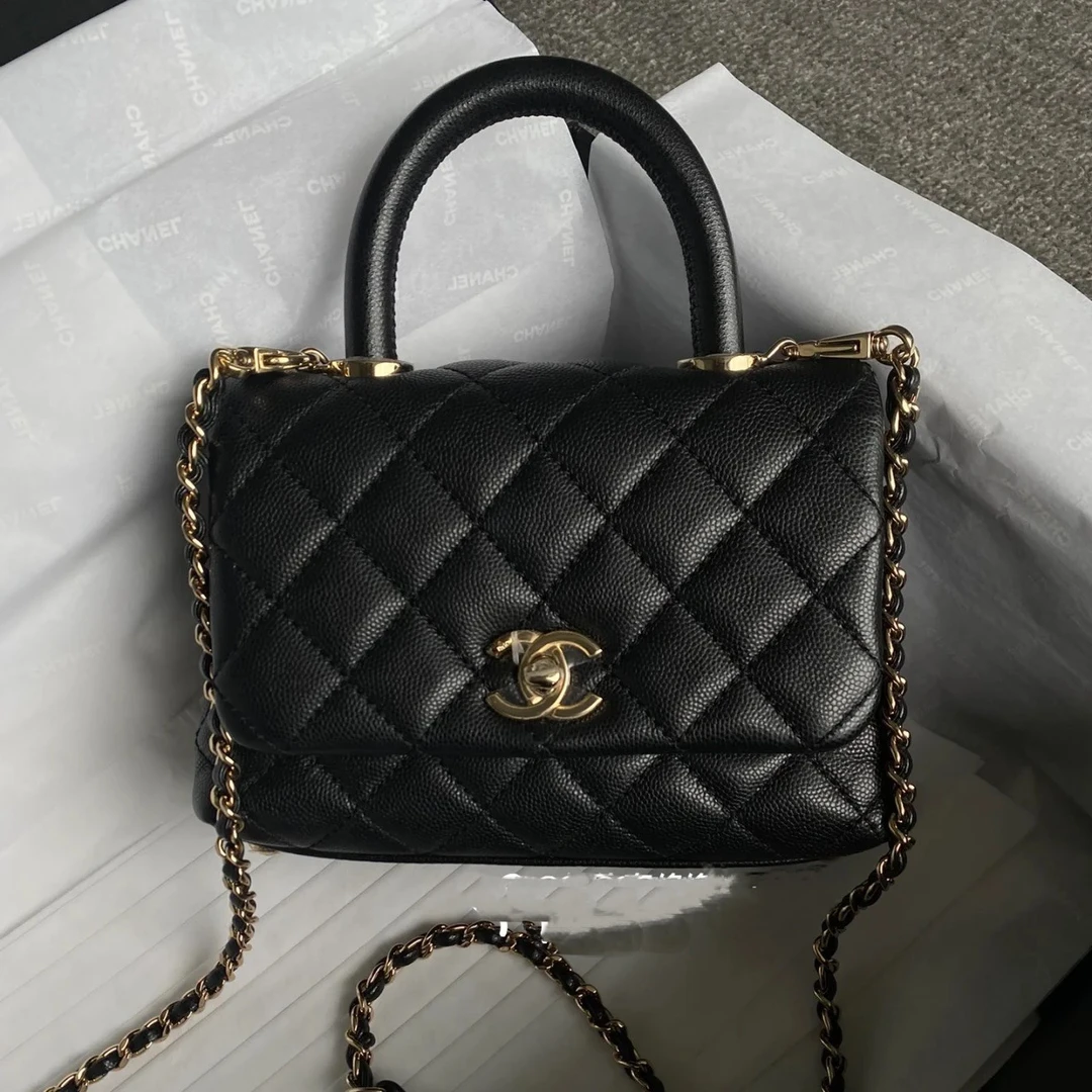 95新 Chanel/香奈儿 青奢荟/coco憨豆黑色手柄迷你包///62330拆