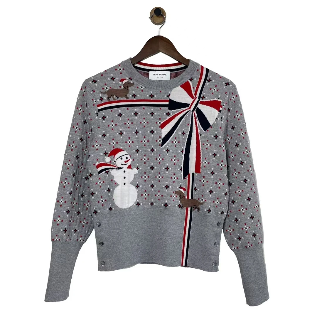 99新 THOMBROWNE 青奢荟/2码/雪人蝴蝶结圣诞风灰色套头毛衣57008