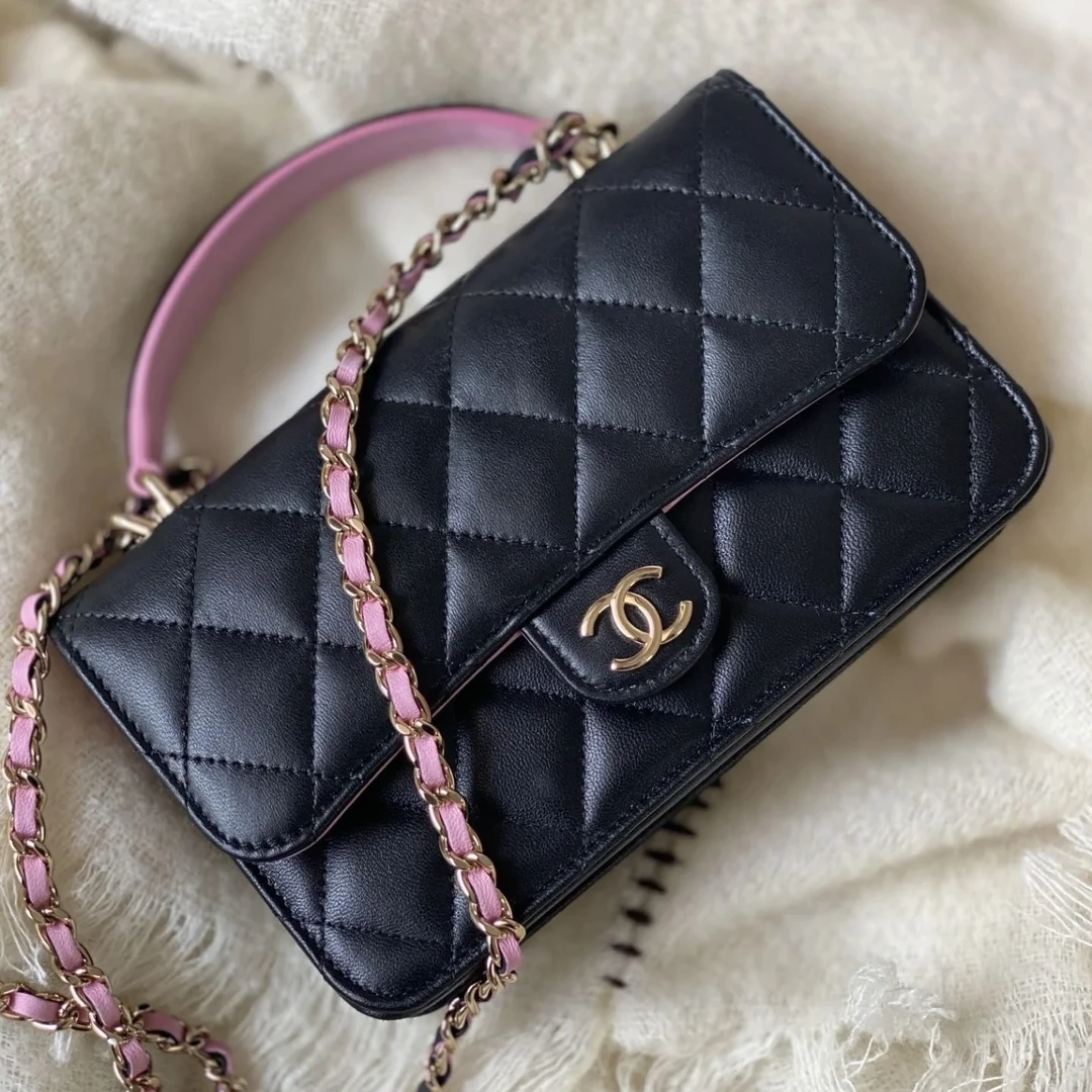 99新 Chanel/香奈儿 青奢荟/23P黑粉手柄woc斜挎包///58955