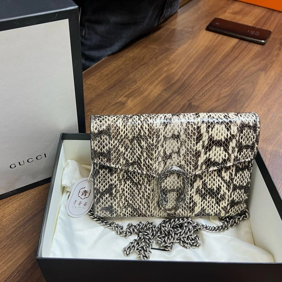 95新 GUCCI/古驰 青奢荟/蛇皮酒神woc单肩链条斜挎包///32225