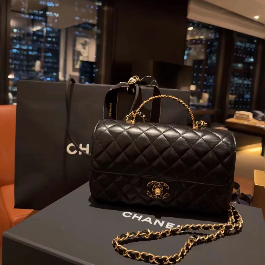 95新 Chanel/香奈儿 青奢荟/黑金24c手柄大号链条斜挎包/34860