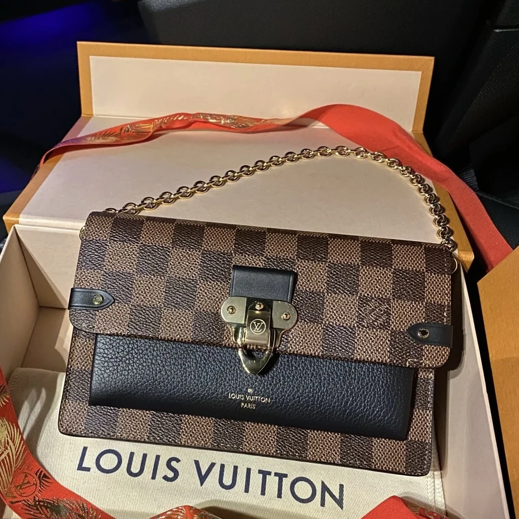 95新 LouisVuitton/路易威登 青奢荟/棕棋盘格vavin链条包/47678