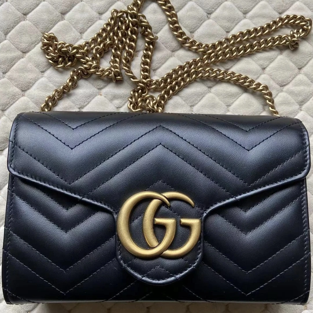 95新 GUCCI/古驰 青奢荟/古驰黑色马蒙woc链条斜跨包//46965