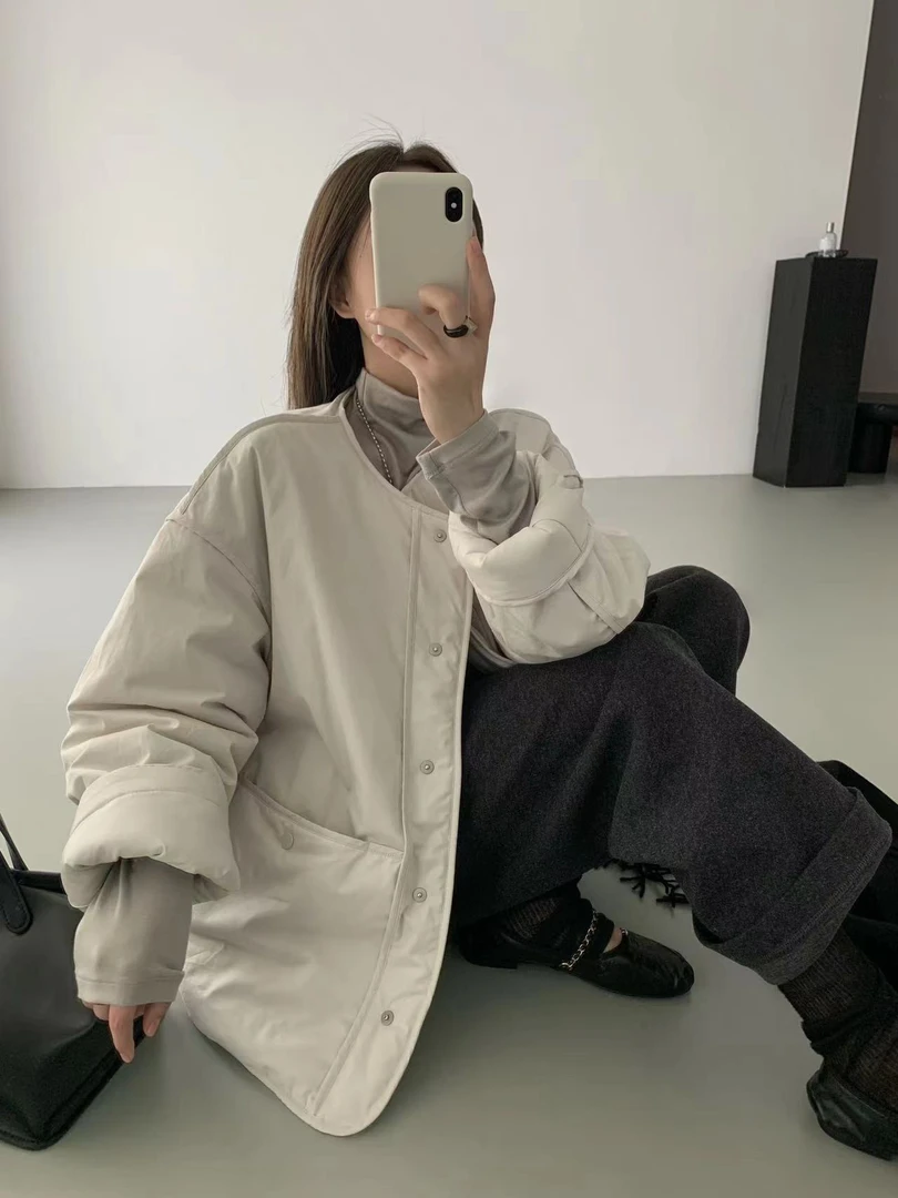 韩系圆领单排扣棉衣女秋冬纯色气质百搭夹克
