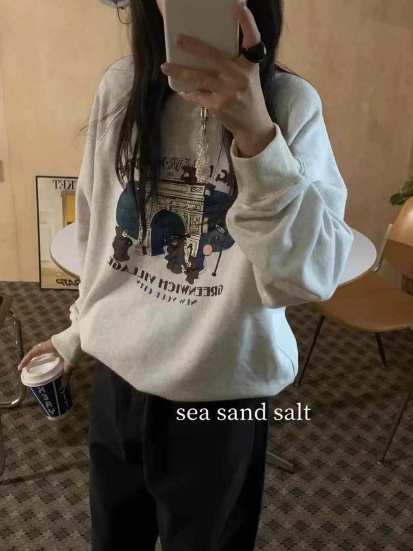 卡通印花宽松卫衣慵懒风小狗图案休闲长袖上衣