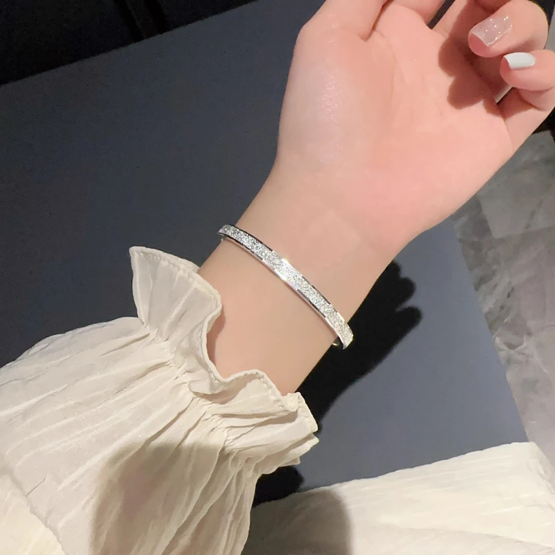 足银手镯 闪沙银河开口纯银手镯简约百搭纯银女友小众轻奢银镯子