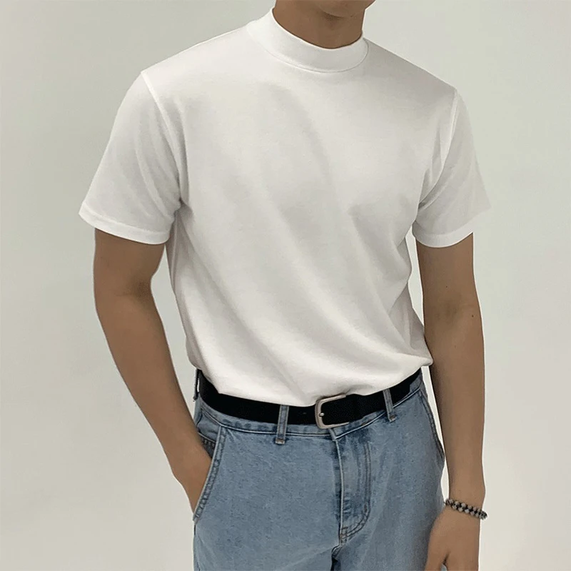 夏季新款半高领短袖男潮牌宽松棉韩版港风纯色简约T恤打底衫潮牌