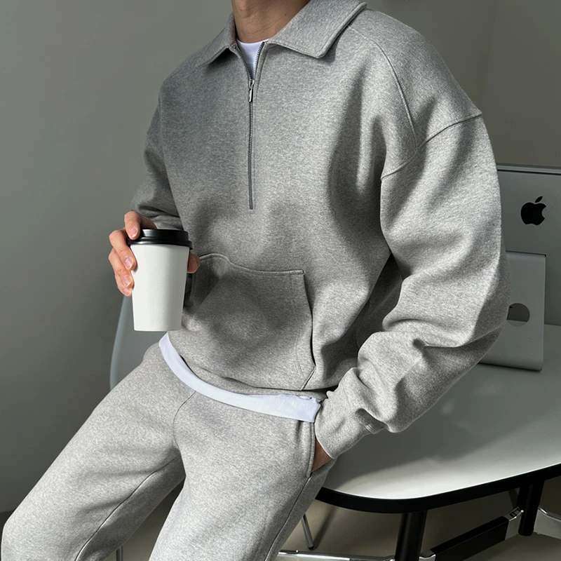灰色卫衣长袖宽松男士帅气高级感半拉链翻领上衣潮百搭质感卫衣