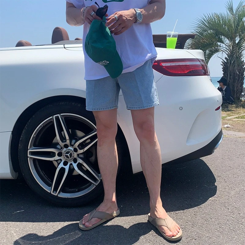 五分裤男士夏季薄款潮牌美式休闲百搭港风浅蓝牛仔短裤潮直筒中裤