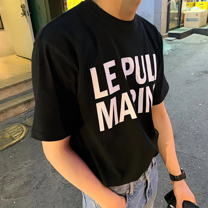 黑色纯棉印花T恤上衣男士新款2024爆款夏季宽松百搭休闲ins风短袖