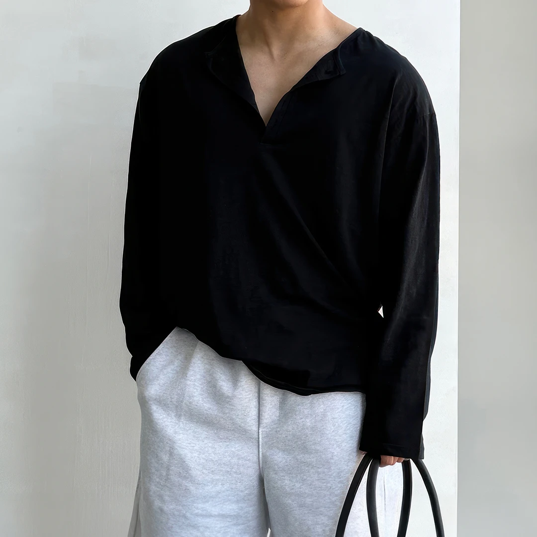 纯色亨利领长袖t恤男士夏季薄款韩版高级感百搭宽松防晒体恤上衣