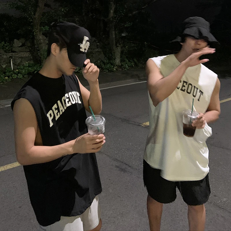 夏季网红款无袖T恤男生潮流百搭宽松印花黑色体恤背心青少年上衣