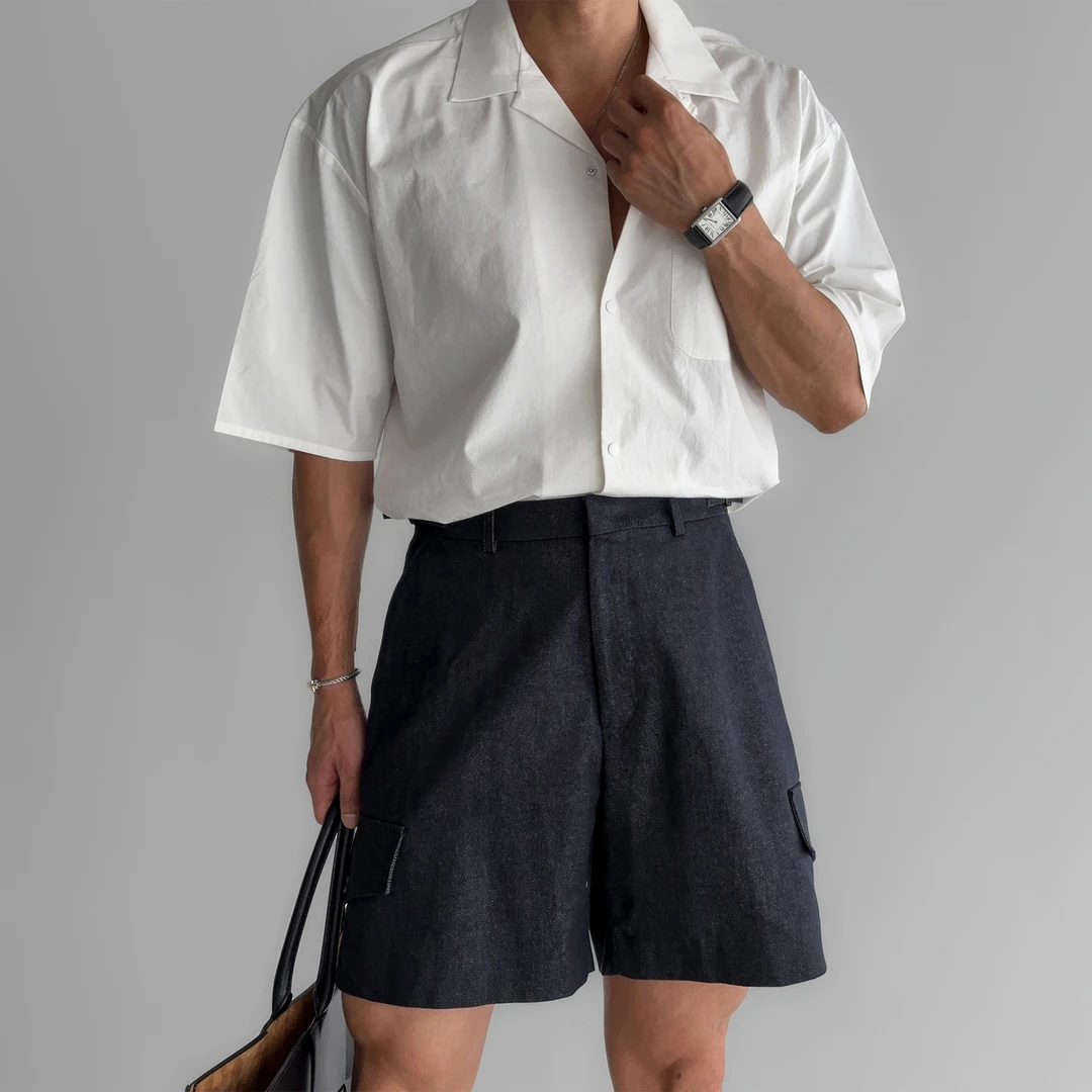 古巴领暗扣夏季男士短袖衬衫新款日系潮牌小众设计感宽松休闲衬衣