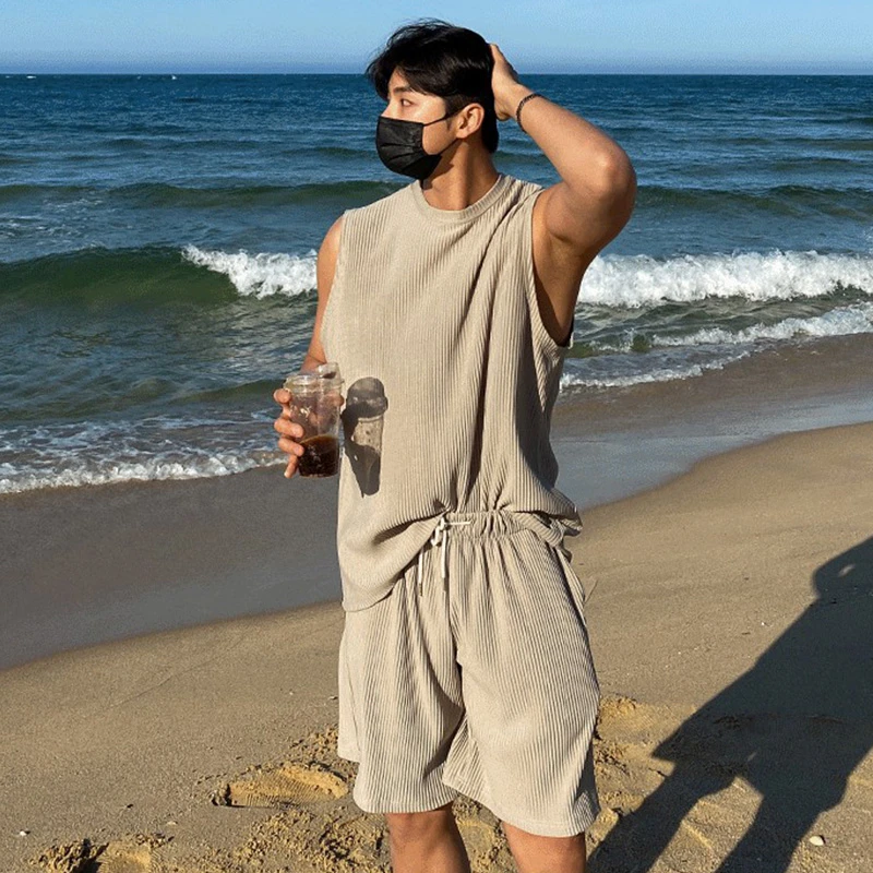 纯色夏季薄款套装男士宽松百搭坎肩背心五分裤冰丝高级垂坠感短裤