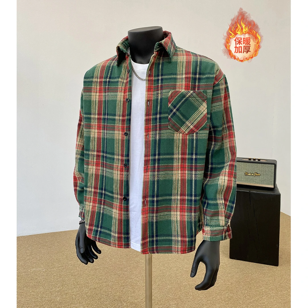 加绒保暖衬衫冬季打底衫格子长袖衬衫男款潮流休闲宽松加绒衬衫男