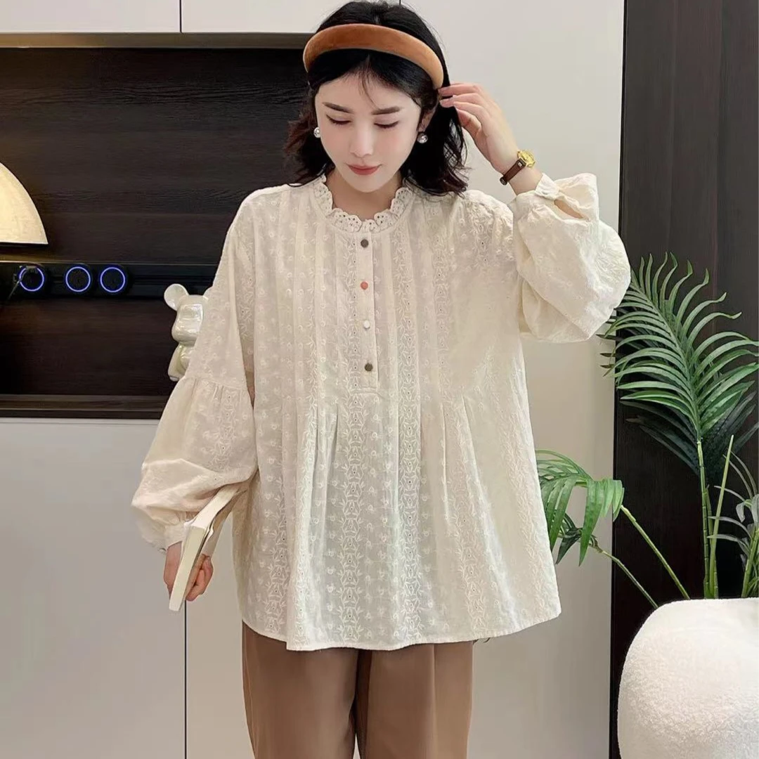 艾美2023女士立领彩扣衬衫——百搭休闲韩版时尚气质长袖绣花减龄