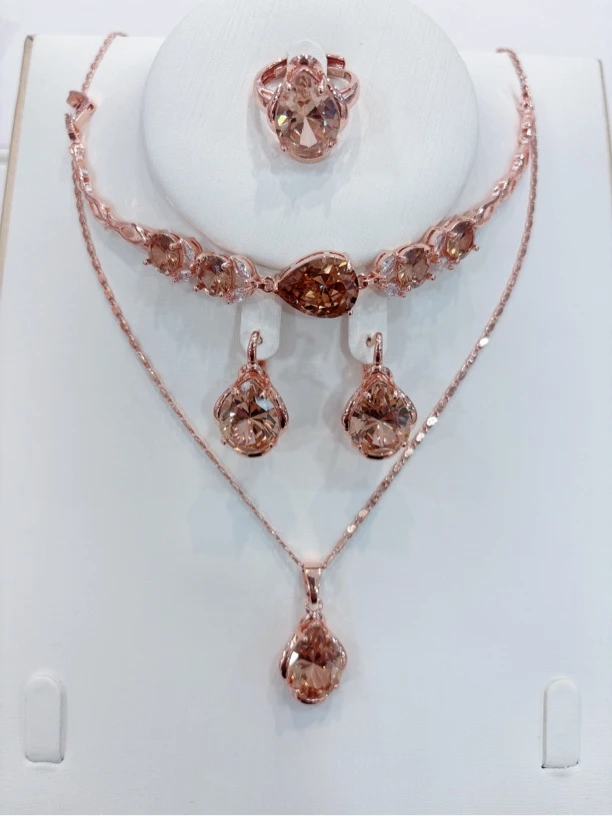 铜合金项链 3012水滴少包边项链 手链 耳环 戒指吊坠新款四件套