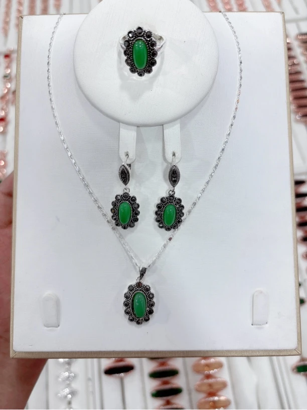 铜合金树脂耳饰 福利款 绿色耳环戒指吊坠三件套素款中古气质