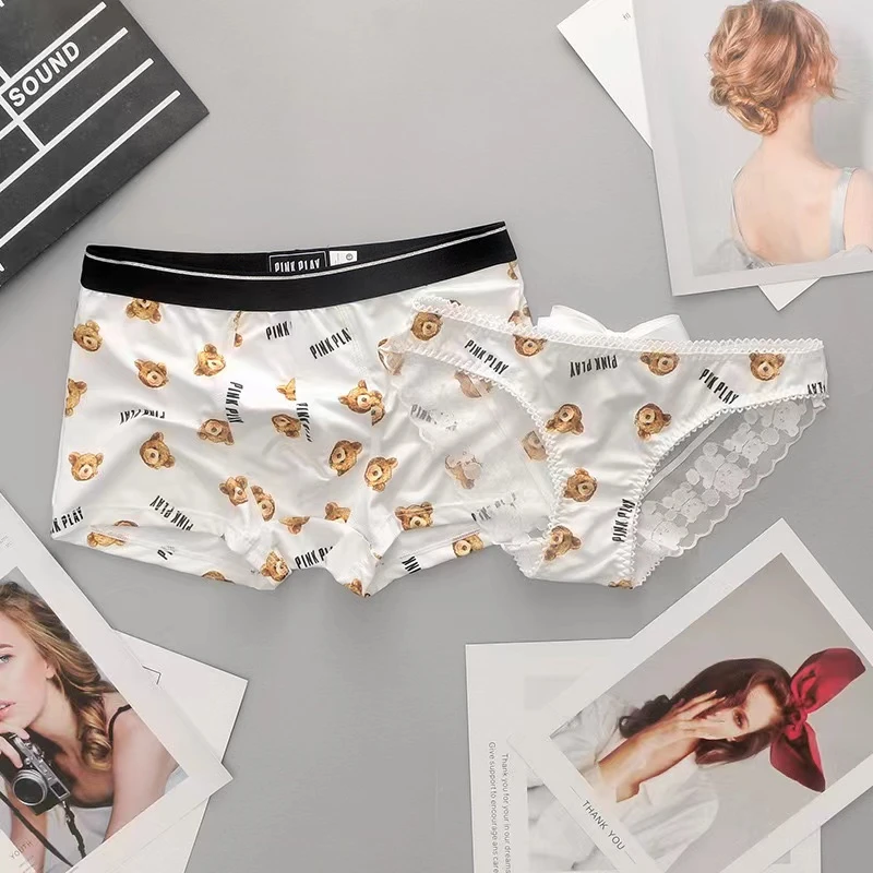 一组2条 新款卡通小熊印花男士女士低腰可爱性感三角蕾丝情侣内裤