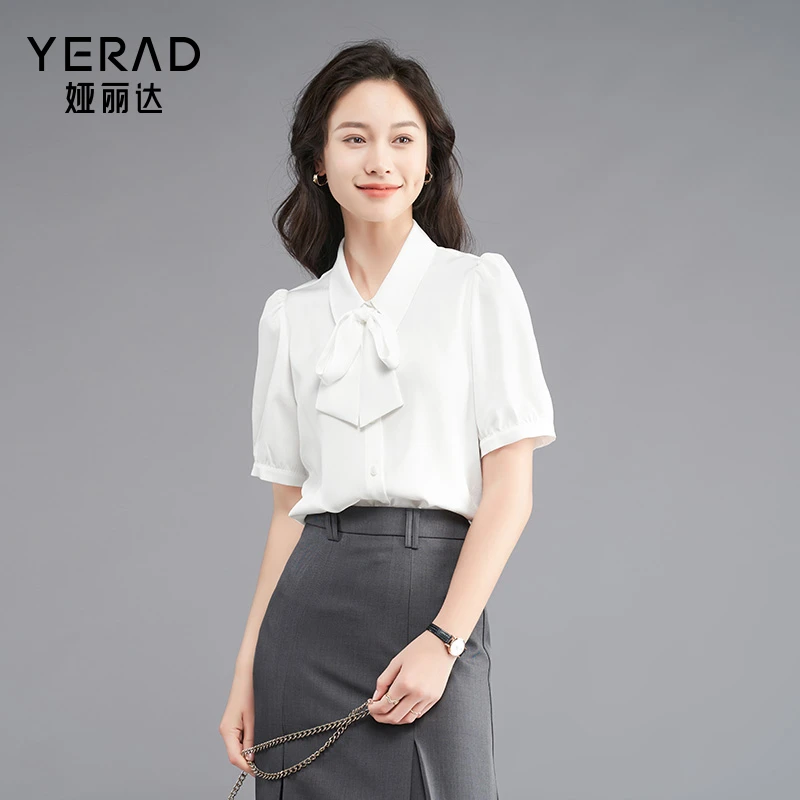 娅丽达法式气质飘带短袖衬衫女2025年夏季新款设计感通勤百搭衬衣